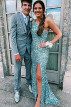 Glitter One Shoulder Hot Pink Sequins Mermaid Formal Prom Dresses With Slit