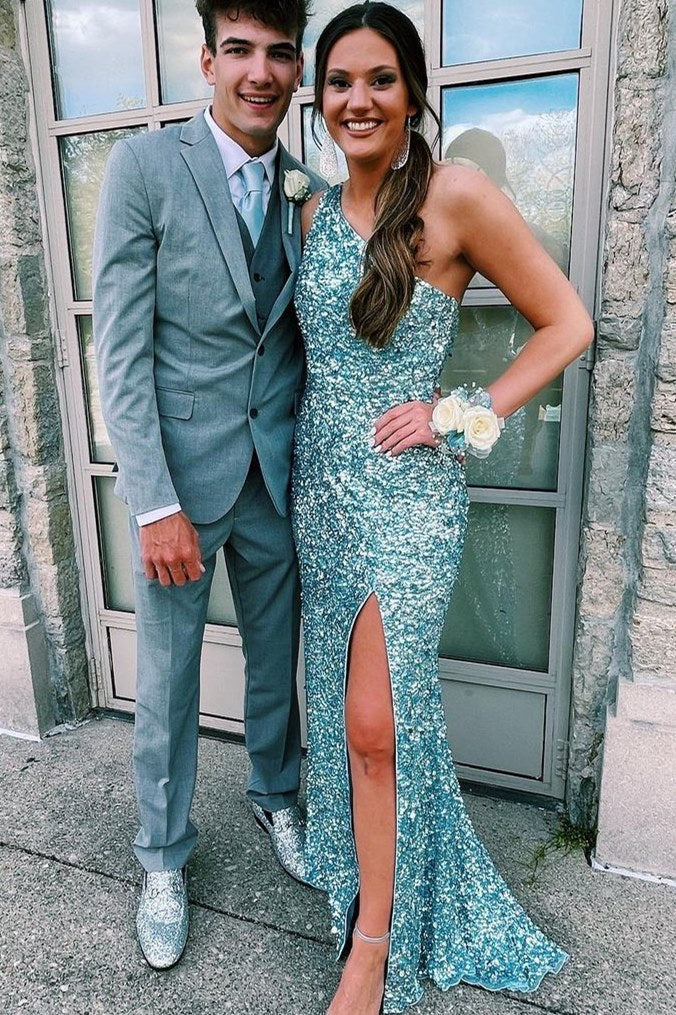 Glitter One Shoulder Hot Pink Sequins Mermaid Formal Prom Dresses With Slit