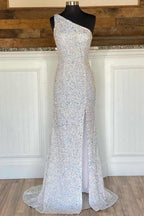 Glitter One Shoulder Hot Pink Sequins Mermaid Formal Prom Dresses With Slit