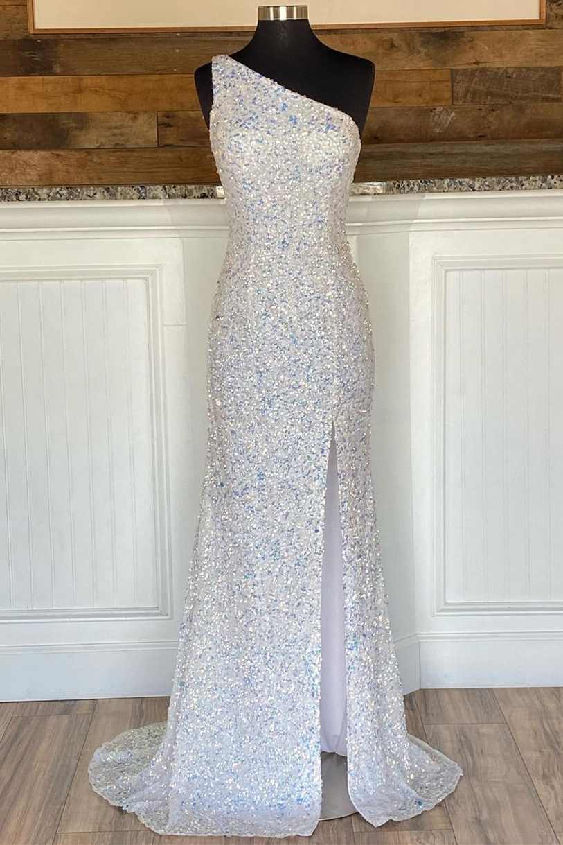 Glitter One Shoulder Hot Pink Sequins Mermaid Formal Prom Dresses With Slit