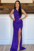 Glitter One Shoulder Hot Pink Sequins Mermaid Formal Prom Dresses With Slit