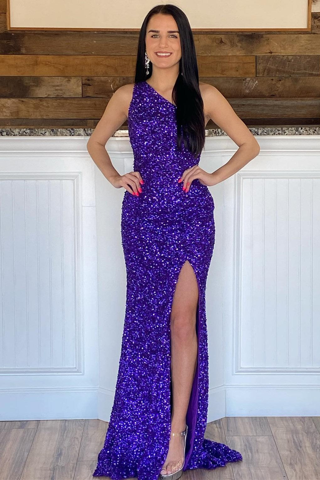 Glitter One Shoulder Hot Pink Sequins Mermaid Formal Prom Dresses With Slit