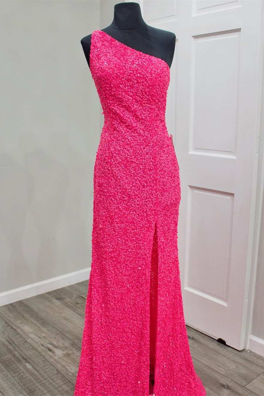 Glitter One Shoulder Hot Pink Sequins Mermaid Formal Prom Dresses With Slit