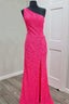 Glitter One Shoulder Hot Pink Sequins Mermaid Formal Prom Dresses With Slit