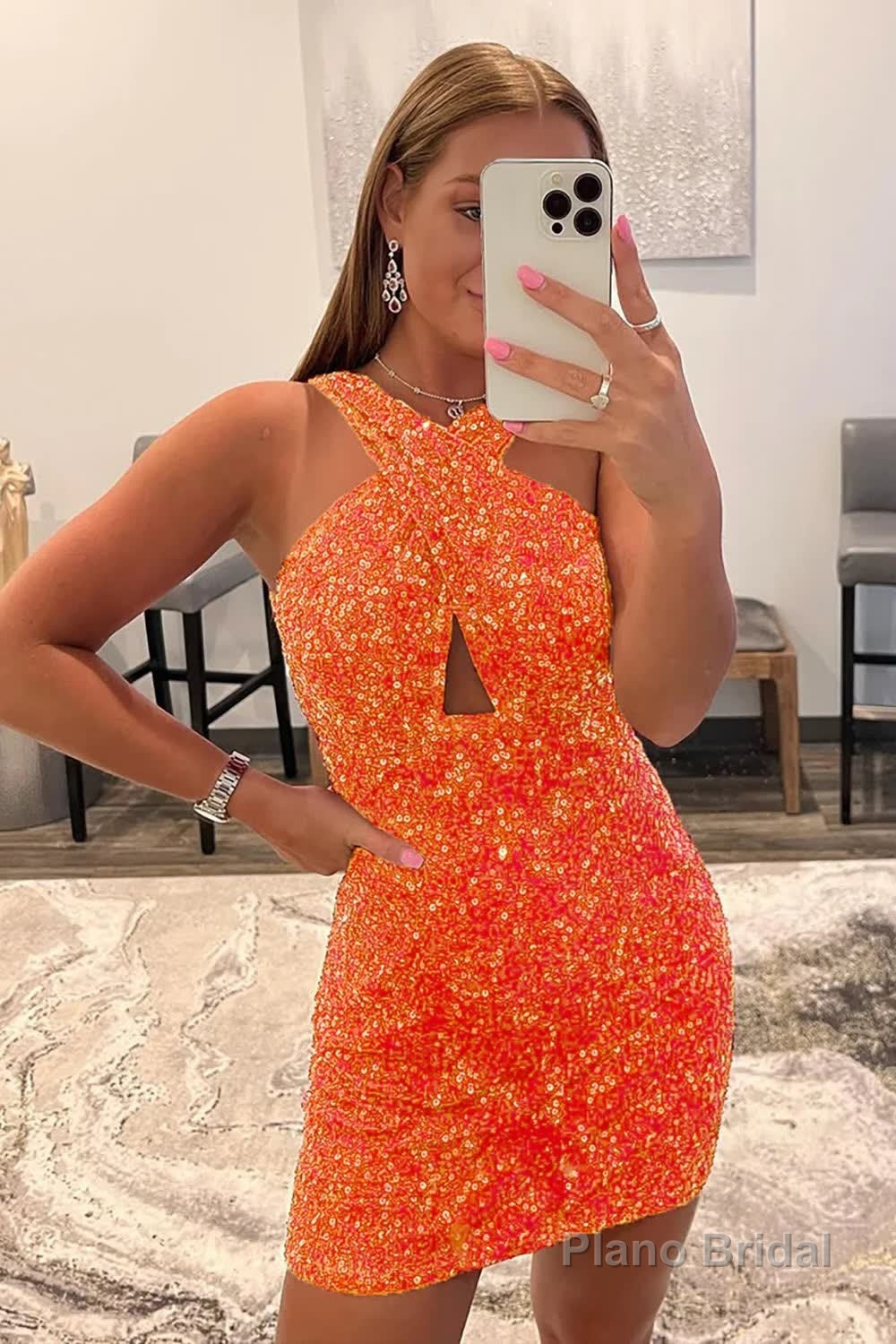 Glitter Orange Halter Backless Sequins Tight Homecoming Dress Main image