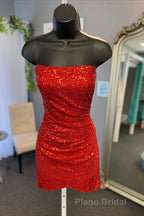 Glitter Orange Strapless Sequined Mini Homecoming Dresses