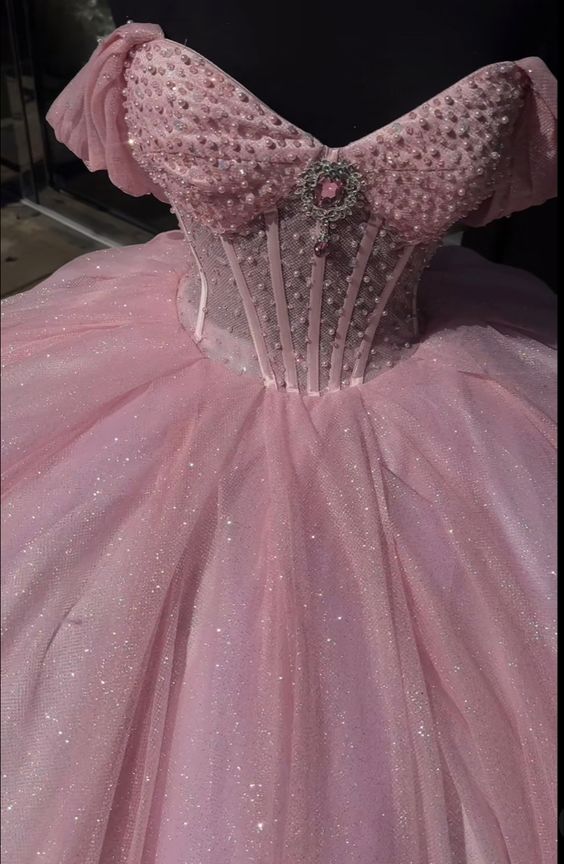 Glitter Pearls Pink Quinceanera Dresses Ball Gowns Sweet 15 16 Birthday Dresses Secondary image