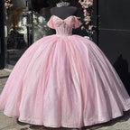 Glitter Pearls Pink Quinceanera Dresses Ball Gowns Sweet 15 16 Birthday Dresses