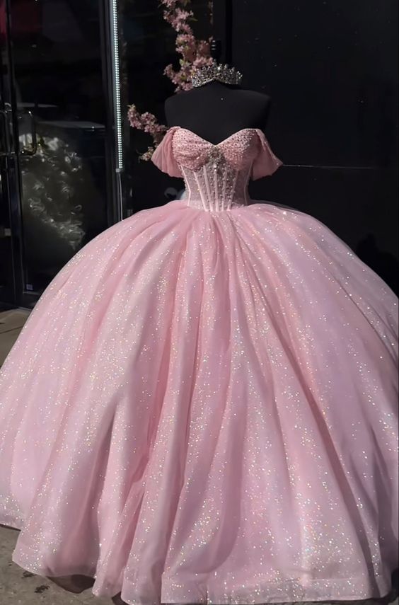 Glitter Pearls Pink Quinceanera Dresses Ball Gowns Sweet 15 16 Birthday Dresses