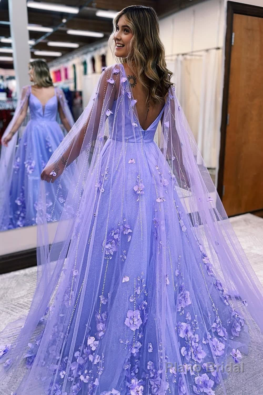 Glitter Purple A-Line Long Prom Dress with 3D Flowers Secondary image