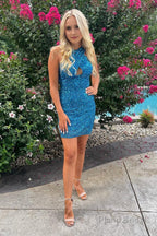 Glitter Red Halter Backless Sequins Tight Homecoming Dress