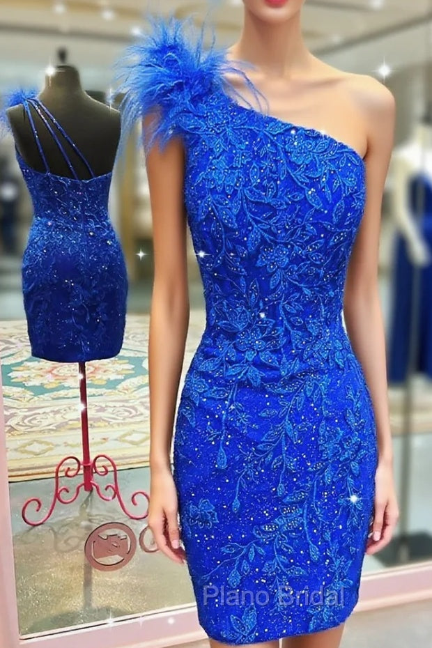 Glitter Royal Blue One Shoulder Lace Short Homecoming Dresses with Feather