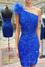 Glitter Royal Blue One Shoulder Lace Short Homecoming Dresses with Feather
