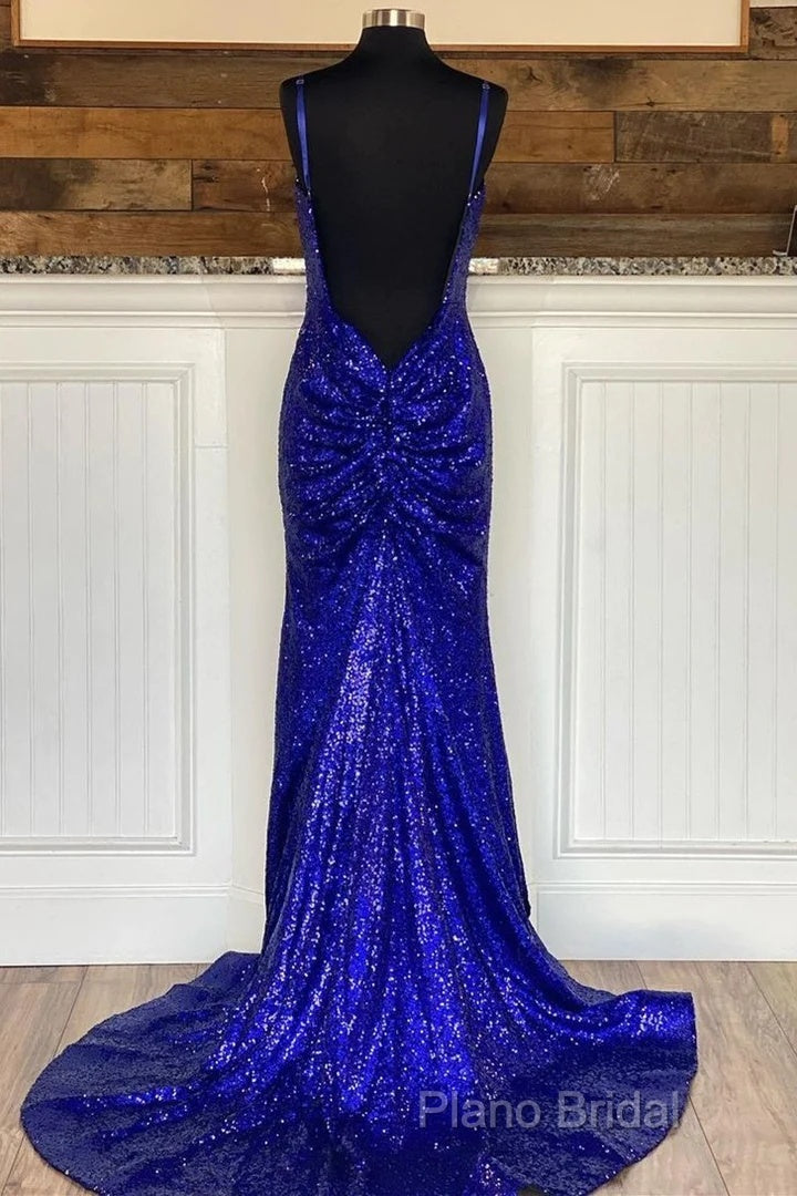 Glitter Royal Blue Sequins Formal Prom Dresses Regency Backless Mermaid Formal Dresses