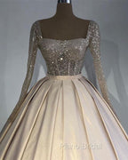 Glitter Sequins Long Sleeves Formal Prom Ball Gown Satin Dresses