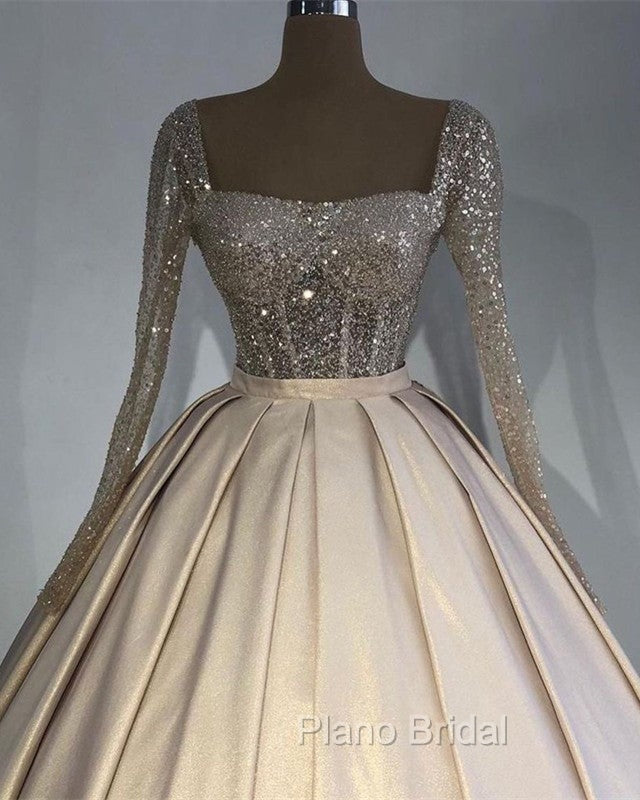 Glitter Sequins Long Sleeves Formal Prom Ball Gown Satin Dresses
