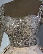 Glitter Sequins Long Sleeves Formal Prom Ball Gown Satin Dresses