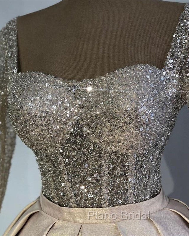 Glitter Sequins Long Sleeves Formal Prom Ball Gown Satin Dresses