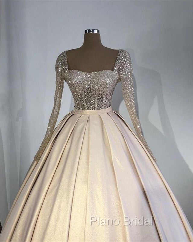 Glitter Sequins Long Sleeves Formal Prom Ball Gown Satin Dresses