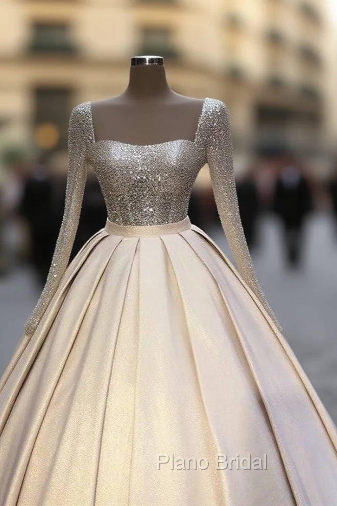 Glitter Sequins Long Sleeves Formal Prom Ball Gown Satin Dresses Main image