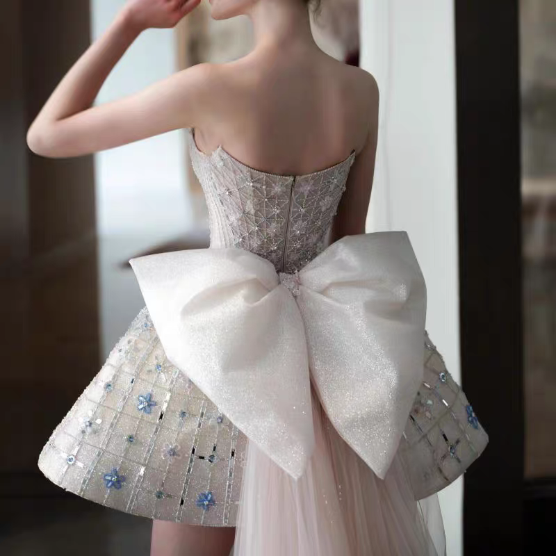 Glitter Strapless Tulle Beaded Mini Birthday Dresses Pink Homecoming Dresses With Bow