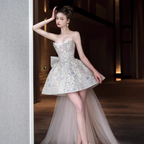 Glitter Strapless Tulle Beaded Mini Birthday Dresses Pink Homecoming Dresses With Bow