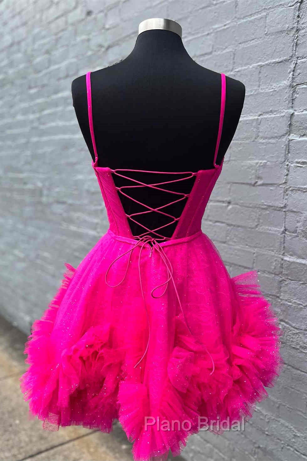 Glitter Straps Hot Pink Ruffle A-Line Homecoming Dresses Secondary image