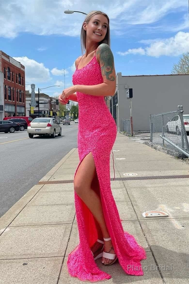 Glitter Straps Hot Pink Sequins Prom Gown with Slit Main image