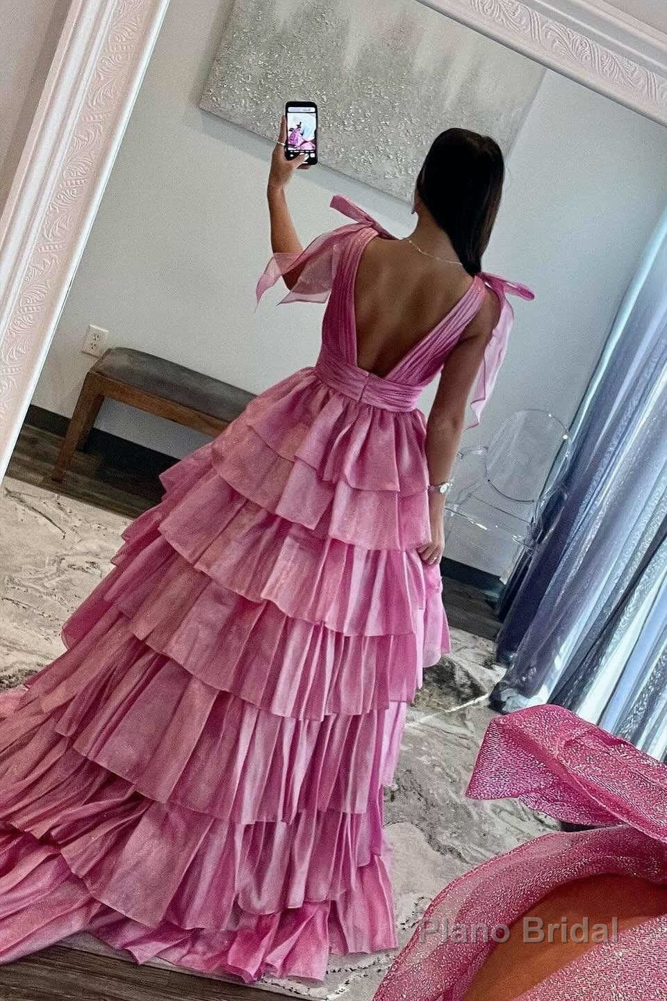Glitter Tie Straps Pink Plunging Neck Tiered Long Prom Dress Secondary image