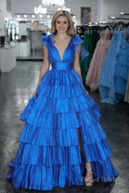 Glitter Tie Straps Pink Plunging Neck Tiered Long Prom Dress