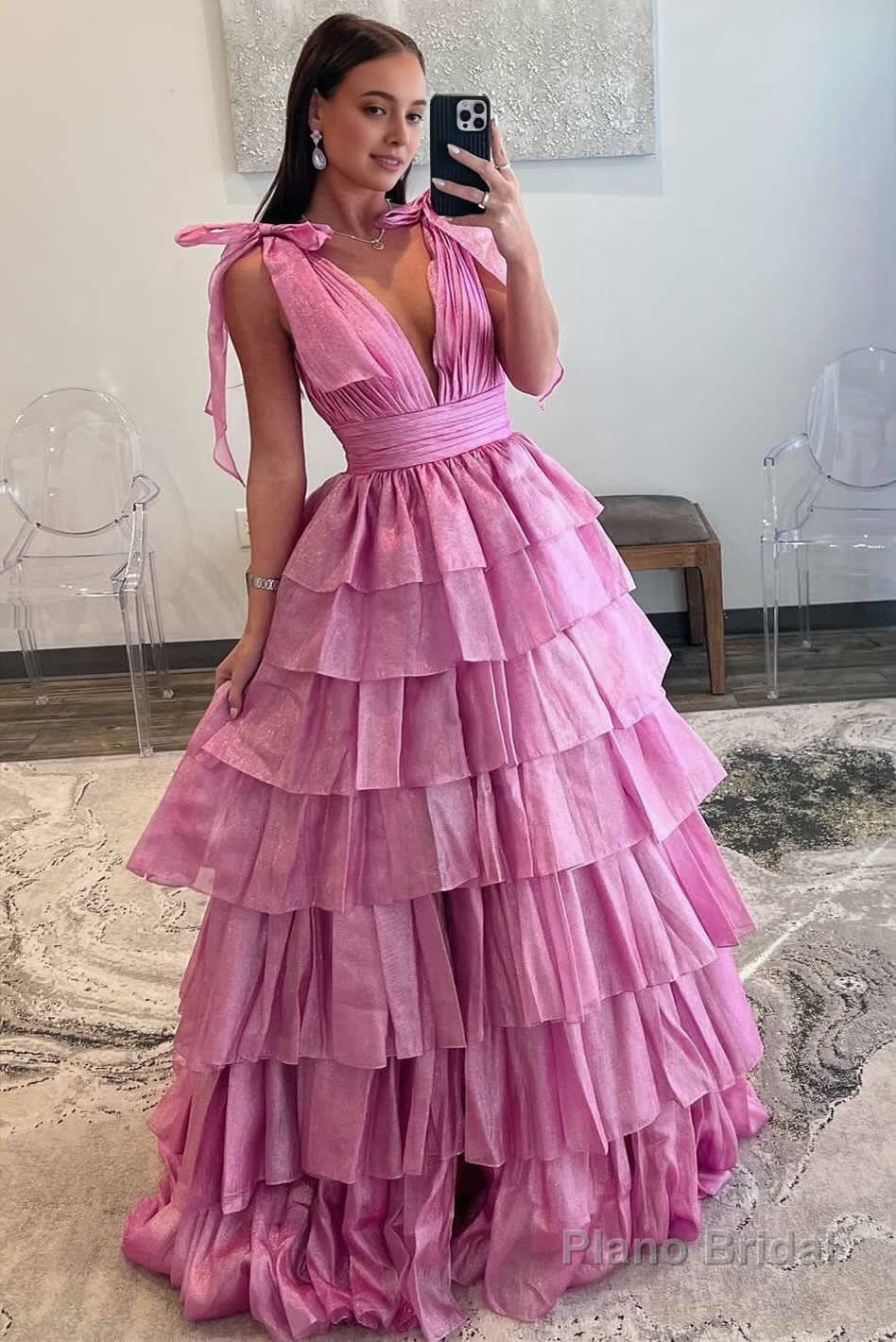 Glitter Tie Straps Pink Plunging Neck Tiered Long Prom Dress Main image
