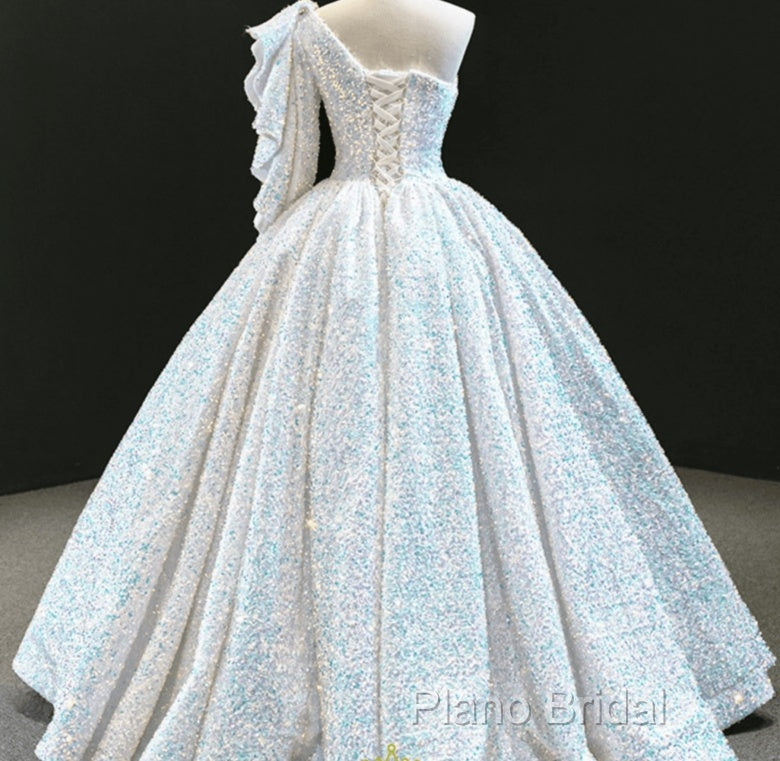 Glitter White Sequin Wedding Dresses One Shoulder Ball Gown Quinceanera Dresses Secondary image
