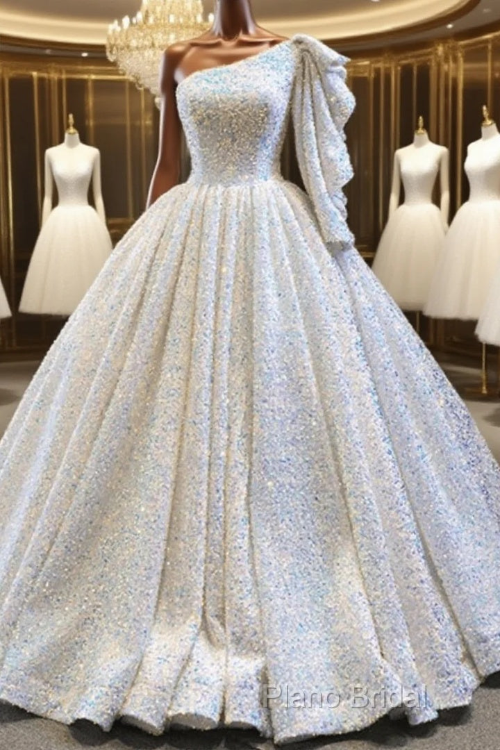 Glitter White Sequin Wedding Dresses One Shoulder Ball Gown Quinceanera Dresses Main image