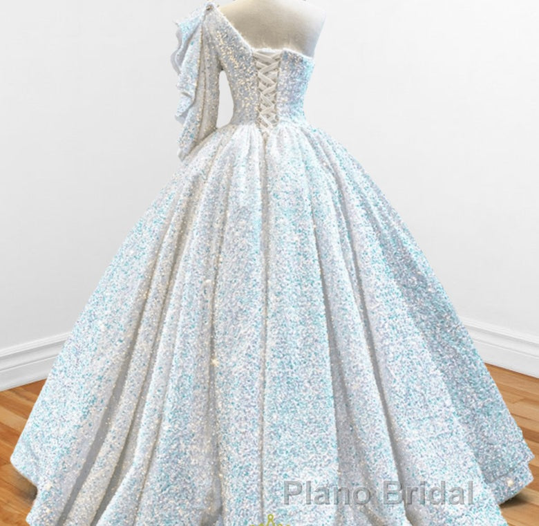 Glitter White Sequined One Shoulder Ball Gown Quinceanera Dresses