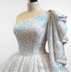 Glitter White Sequined One Shoulder Ball Gown Quinceanera Dresses