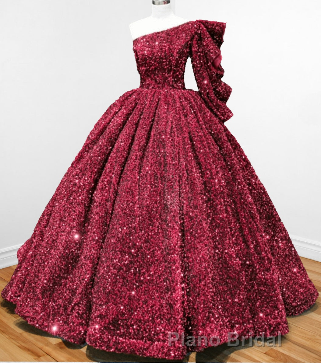 Glitter White Sequined One Shoulder Ball Gown Quinceanera Dresses