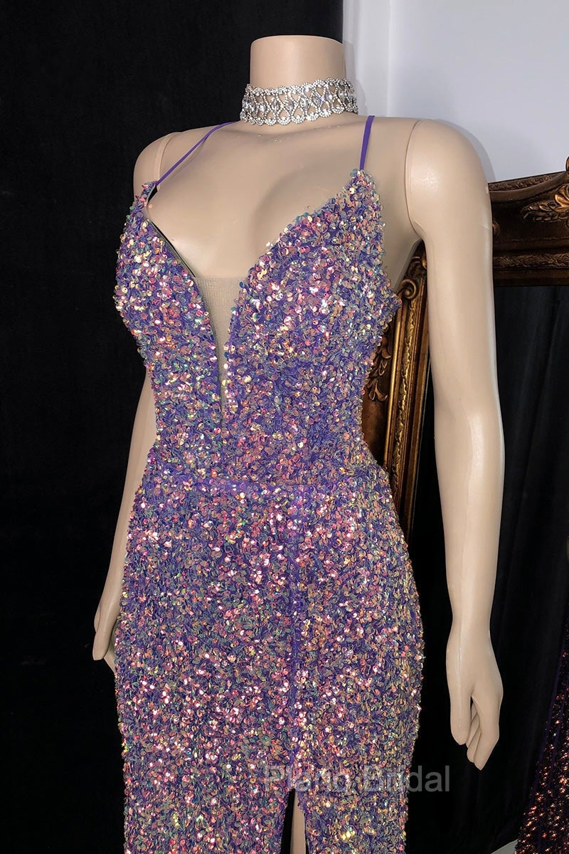 Glittering Spaghetti-Straps Sequins Formal Prom Dresses Mermaid Sleeveless With Slit Secondary image