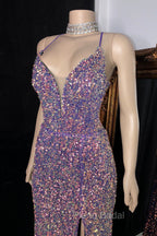 Glittering Spaghetti-Straps Sequins Formal Prom Dresses Mermaid Sleeveless With Slit