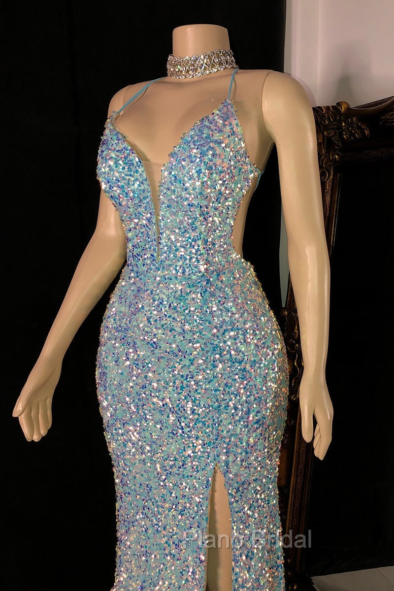 Glittering Spaghetti-Straps Sequins Formal Prom Dresses Mermaid Sleeveless With Slit