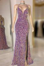 Glittering Spaghetti-Straps Sequins Formal Prom Dresses Mermaid Sleeveless With Slit