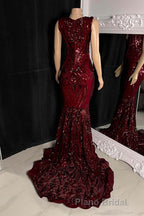 Glittery Long Red Mermaid Sleeveless Formal Prom Dresses Sequin