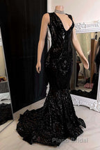 Glittery Long Red Mermaid Sleeveless Formal Prom Dresses Sequin