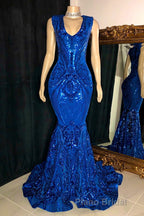 Glittery Long Red Mermaid Sleeveless Formal Prom Dresses Sequin