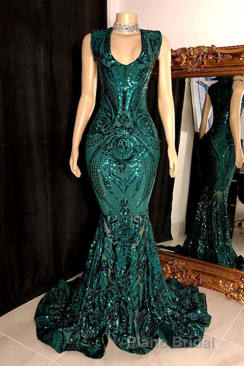 Glittery Long Red Mermaid Sleeveless Formal Prom Dresses Sequin