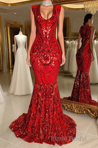 Glittery Long Red Mermaid Sleeveless Formal Prom Dresses Sequin