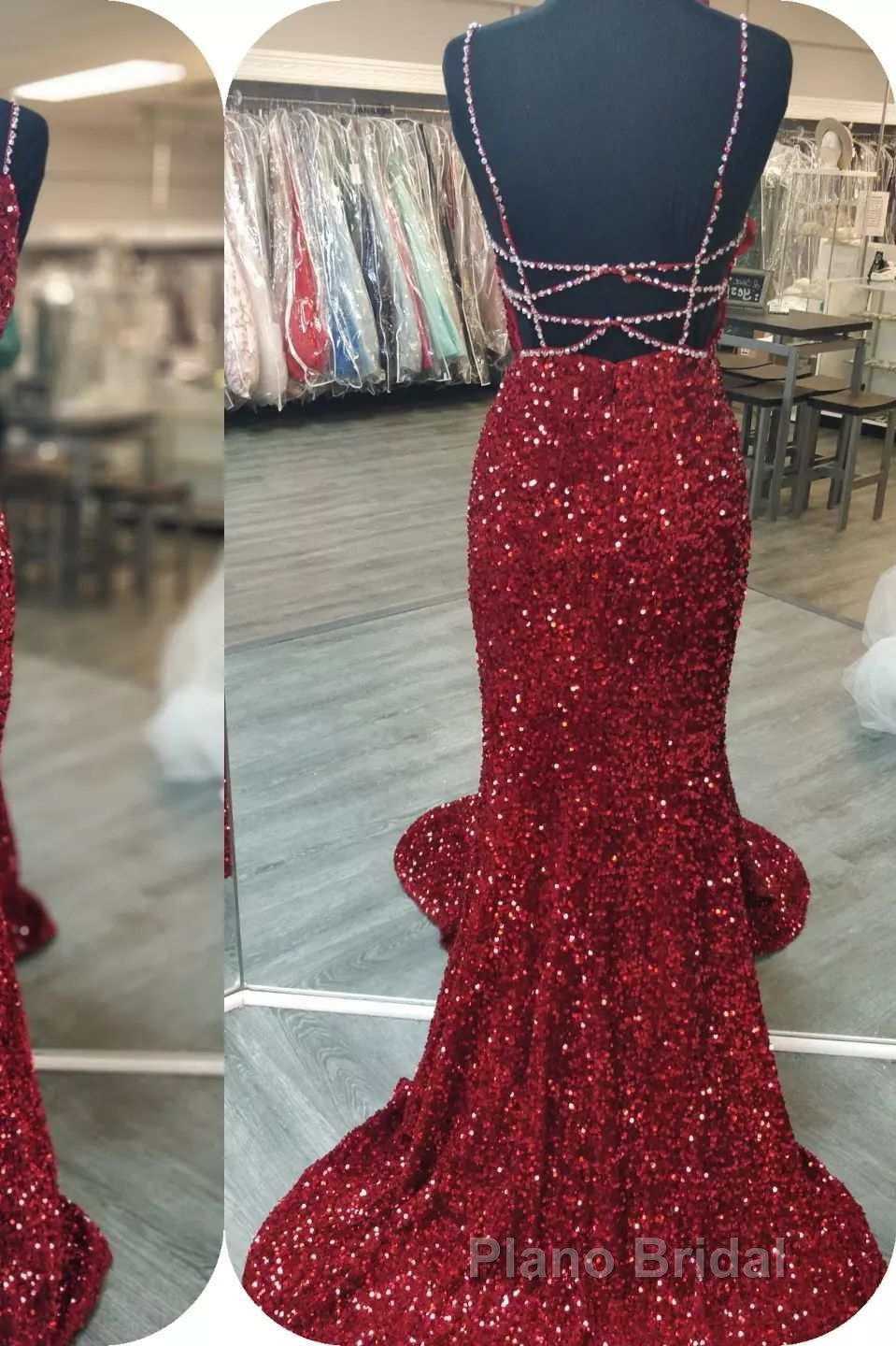 Glittery Mermaid Red Sequin V-Neck Lace-Up Back Formal Prom Dresses Gala Gown