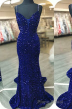 Glittery Mermaid Red Sequin V-Neck Lace-Up Back Formal Prom Dresses Gala Gown