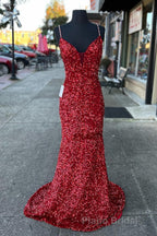 Glittery Mermaid Red Sequin V-Neck Lace-Up Back Formal Prom Dresses Gala Gown