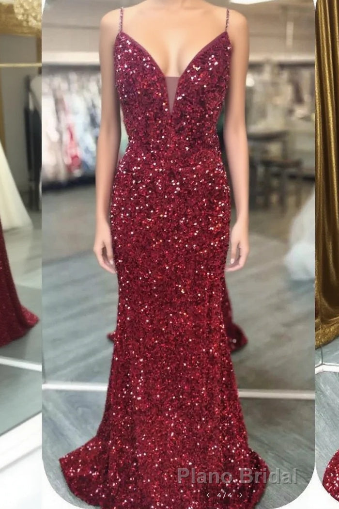 Glittery Mermaid Red Sequin V-Neck Lace-Up Back Formal Prom Dresses Gala Gown Main image