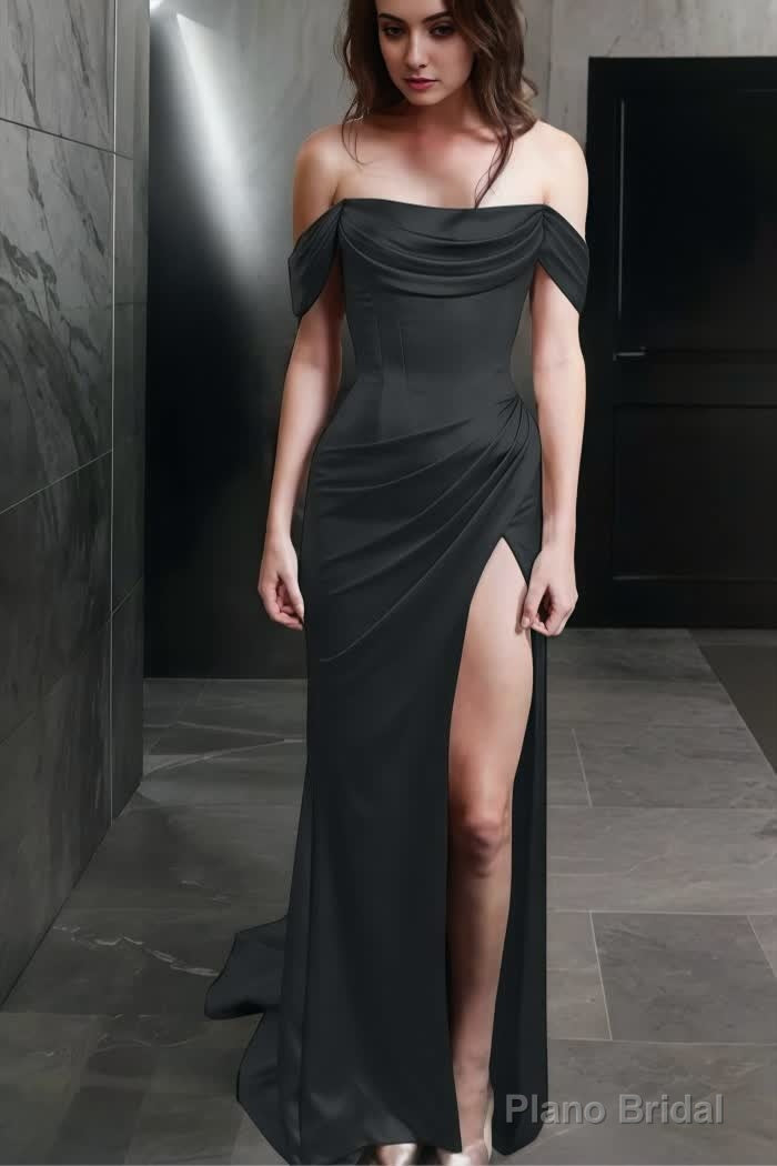 Sheath Off-the-Shoulder Sweep Train Silk like Satin Prom Dresses With Leg Slit Secondary image